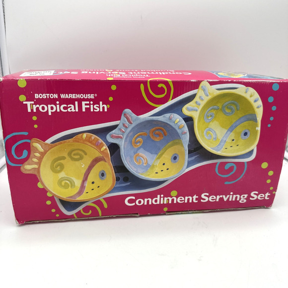 Vintage 4 Piece Boston Warehouse Mosaic Fish Condiment Snack Set NEW - Picture 1 of 4